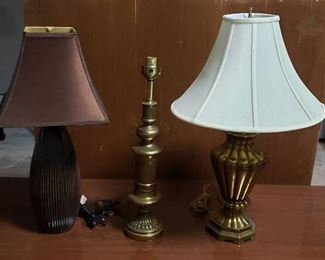 3 Table Lamps ~ 2 Brass Bases and One Ceramic Base ~ only 2 Lamp Shades