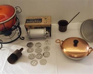 Metal Kitchenware ~ Enamel Serving Pot on Stand, Vintage Cooky Press, Strainer, Copper Lid Wear Ever Pan and Scoop& Ladle pot