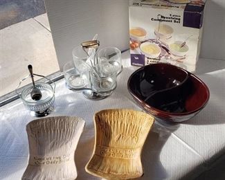 2 Revolving Condiment Sets (ONE is NIB), Brown Mar-Crest Divided Serving Bowl, 2 Ceramic Bread Dishes, and Jelly Server