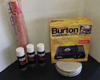 Burton Portable Burner (NIB), 3 Fuel Cartridges, Mirro Folding Pan, and Tube of COCA-COLA 9 oz. Wax Cups