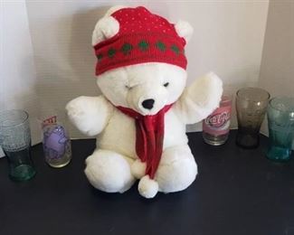 Holiday Stuffed Bear, 4 Coca-Cola Glasses, 2 McDonald's Glasses and Mumbly Character Pepsi Glass