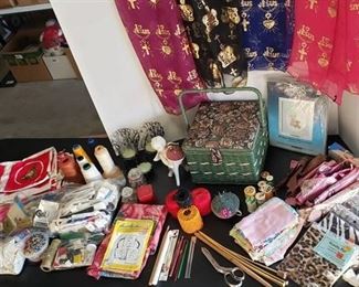 Sewing Items ~ Basket, Novelty Fur & Leather, Crochet Hooks, Knitting Needles, Pin Cushions, Sewing Notions and 4 Silk Scarves