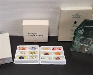 Venezia Crystal Candy (12 pcs. New) and Partylite PO361 Infinite Iris Candle Holder, PO357 Myriad Images Candle Holder (NIB)