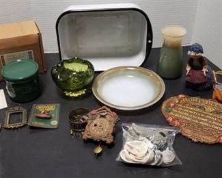 Longaberger One Pint Salt Crock w/Candle, White/Black Enamel Pan, Fire King Gold Rim Pie Pan, Glass Vase, and Other Decor