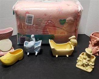 6 Vintage Ceramic Vases and Cuddles & Cribs Baby Bed Set