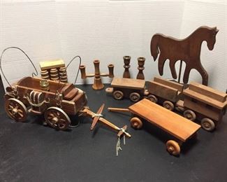 Handmade Wood items. Vintage Wagon Lamp, Train, Flatbed Wagon, Candle holders, Foot massager, Horse
