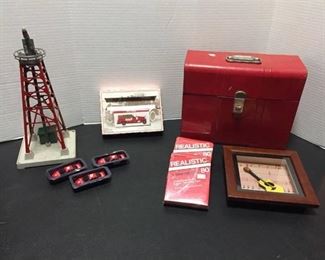 Vintage metal file box, Replica toy cars, 8 track tapes, wall decor Lionel Industrial Water Tower for Train set up - is missing top tank.