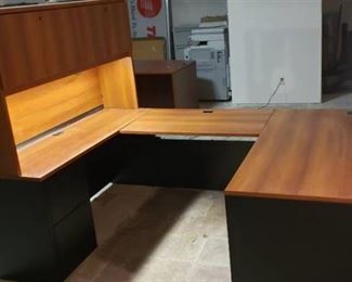 3 Piece Office Suite with Connectors ~ Main Desk has Drawers Auxiliary Desk has File Drawers and Lighted Cabinet ~ Main Desk: 60 x 30 x 29 in. tall ~ Auxiliary Unit: 60 x 20 x 66 in. tall