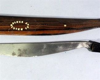 WWII Era Bolo Machete, Made In Philippines,16" Blade, Wood Scabbard Has Mother Of Pearl Inlay And Tribal Markings
