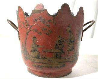 Antique Asian Red Gold Tole Cache Pot