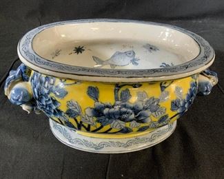 Signed Asian Blue Yellow Ginger and Fish Vessel