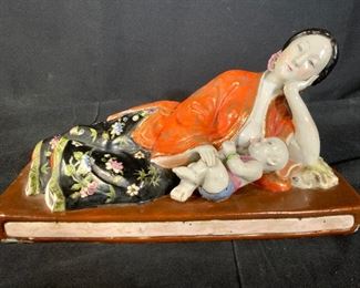 Signed Asian Porcelain Mother w Baby