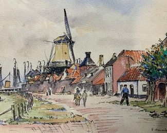 P MONDRIAAN Signed Watercolor Painting, Dutch Town
