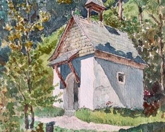 Watercolor Painting, Church in Landscape Artwork