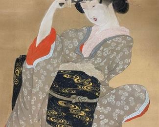Signed Japanese Geisha Ink Painting Scroll Artwork
