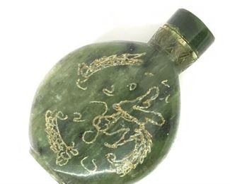 Antique Hand Etched Asian JADE DRAGON SNUFF BOTTLE