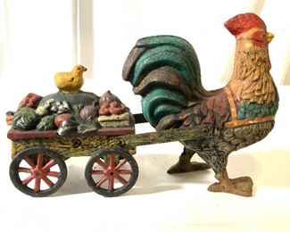 Antique Iron Rooster Pulling Wagon W Chicks Toy