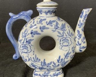 Vintage Asian Blue and White Ceramic Donut Teapot