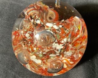 Art Glass Orange & White Orb Paperweight