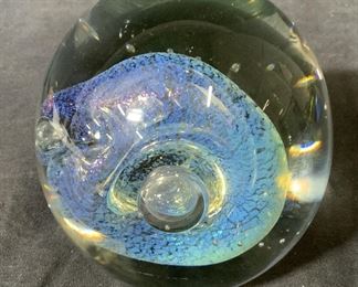 EICHER Signed Art Glass Iridescent Orb Paperweight