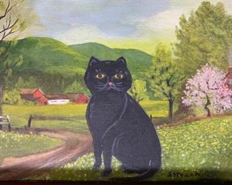 JUNE HOCK Signed Acrylic Painting with Cat