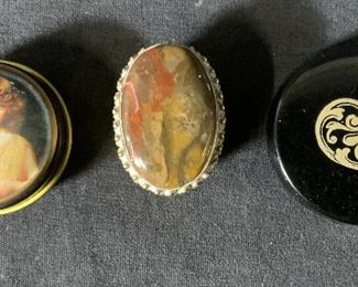Lot 3 Mixed Media Pill Boxes, Brass & Agate & more
