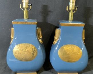 Pair Porcelain Blue & Gold toned Lamps