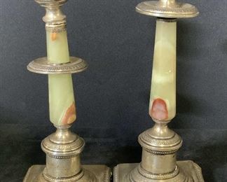 Pair Vntg NATURAL STONE & Metal Candlesticks
