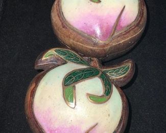 Pair Vntg Peach Form Enameled Wooden Trinket Boxes
