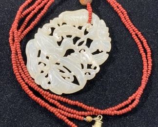 Carved Asian WHITE JADE Duck Pendant Necklace
