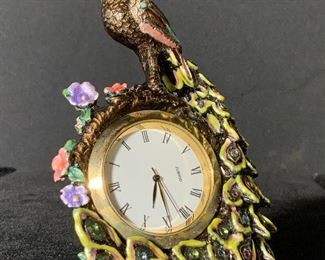 NOBILITY Enamel Peacock Tabletop Clock, Org Box