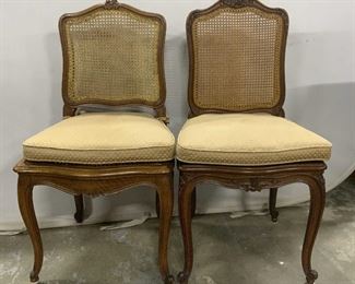 Pair Vintage Carved Wood Caned Side Chairs