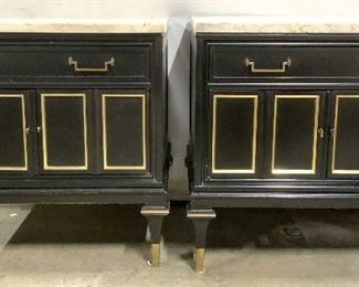 Pair Marble Top Side Tables W Drawer & Cabinets