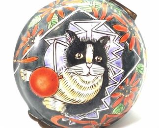 Vntg Asian Enamel Cat Trinket Box, Original Box