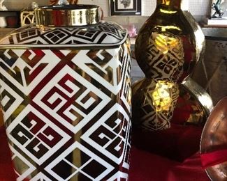 $45. PAIR. 17x8x8 / 17.5x10x4. PAIR of large very heavy solid ceramic gold and white accent Urns / jars. original retail tag still on $195 each.