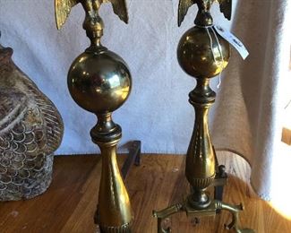 $40!! 22 inches tall! solid brass andiron PAIR with eagle toppers. One of them is missing a portion of it's rear iron piece that would go on grate. should affect functionality or beauty of this pair. great price!