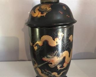 $25 10" tall x 5 wide. chinoiserie style gold painted cocktail shaker. cool barware accent for the mid century lover on your list this year.