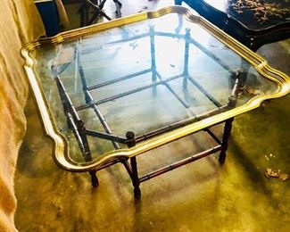 $675. 40.5 inches sq. INSANE vintage solid brass edge fluted coffee table by BAKER! mid century modern glamour at its best.