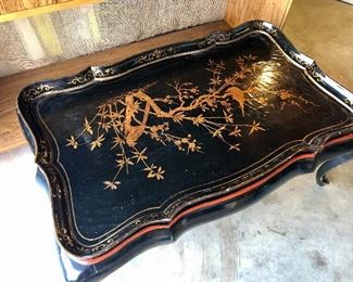 SUNDAY $175!. $325. Lacquer asian hand painted gold bird scene. TRAY TABLE. top is removable as a tray from base. from Designer Gallery!! expensive piece. 