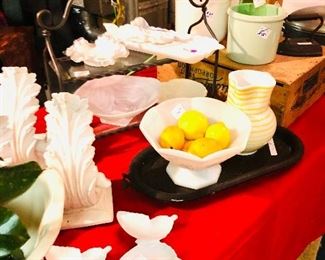 1. $10. Pair of butterfly dishes
2. $30. Large milk glass  fruit bowl
3. $20. Yellow and white pitcher 
4. $15 each architectural scroll mounts - 4 available 
5. $10 small fluted milk glass dish