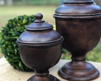 $55. Pair of  antique wooden urns with lids. 