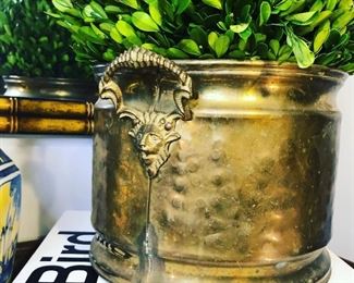 $50. Lion face / medallion handle brass pot. beautiful vintage piece. 10 inches wide.