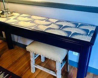 $150. 56" long x 16 deep x 22.5 tall. Solid wood navy console / sofa table. w/ cranes on top. 