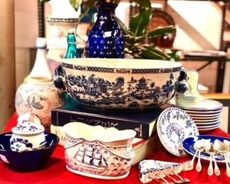 1. $130. Large chinoiserie footbath
2. Small delft pieces $10 each
3. $45. Signed sailboat oval dish
4. $35. BLENKO cobalt small dish