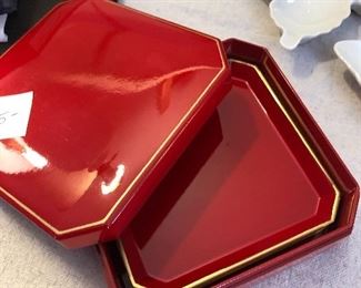 $15. Red lacquer coaster set with case / lid. There are 3 coasters. 