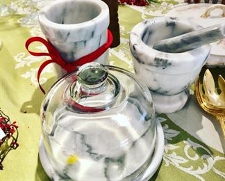 $60 SALE PRICE for set of 3. or $30 each. Solid marble kitchen service items. cheese plate and dome. utensil holder / wine chiller; and mortar and pestle 