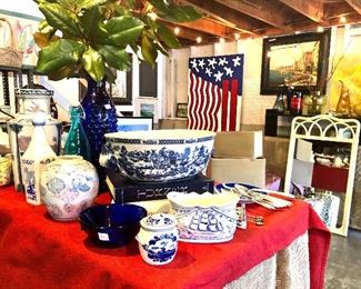 1. $115. Large chinoiserie footbath 
2. Small delft pieces $10 each 
3. $45. Signed sailboat oval dish 
4. $35. BLENKO cobalt small dish 