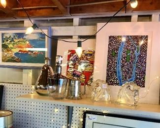 1. Abstract colorful signed and #'d NYC prints $180 pr         2. MCM silver decanters $40 your choice.                                       3. Sally Hess CA beach scene signed. $175.                                     4. pewter mug $20.    5. Horse head glass book ends $45