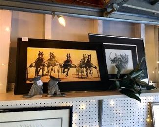 1. $40 Marble "aztec" bookend statues.  beautiful gray.   2. Equestrian. original. signed. small blemish on top. $50 3. Framed buffalo sketch B&W $135.