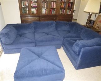 $400.00, Retro Vintage Navy Blue Modular Pit sofa, brushed cotton VG condition. 5 pieces, 3 corner units, so this can fit any directional space.  Much better than pictures show. Each unit measures 33 x 33 x 25"T.